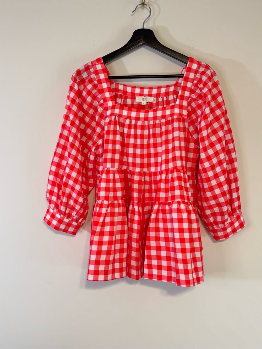 Entro Gingham Peplum Blouse Size Small Red & White Check Puff Sleeve Top